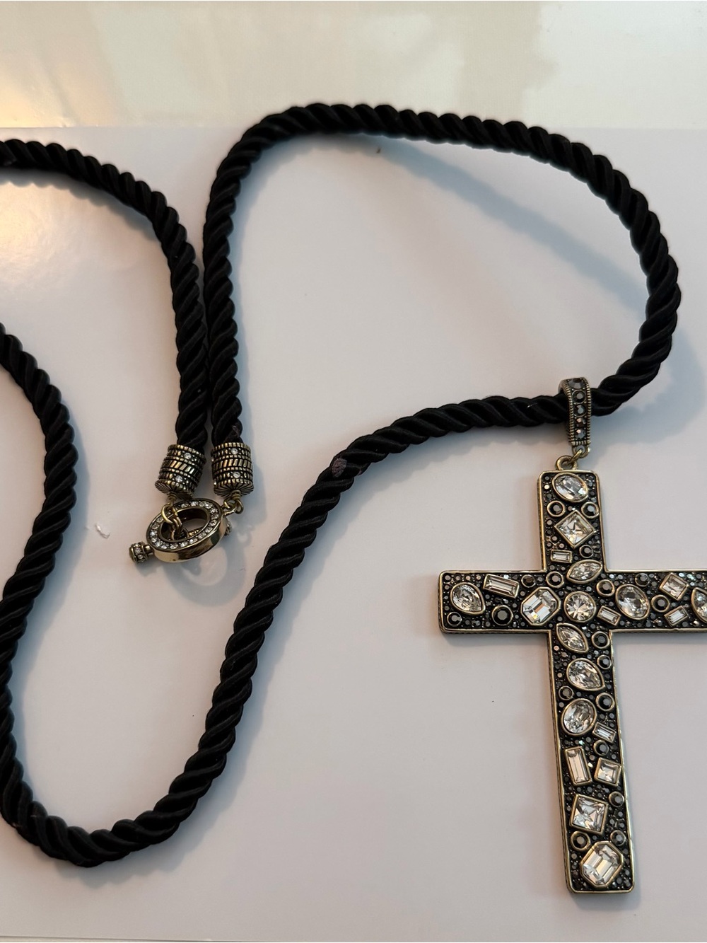 Vintage-Inspired Black Cord Cross Necklace with Crystal Accents